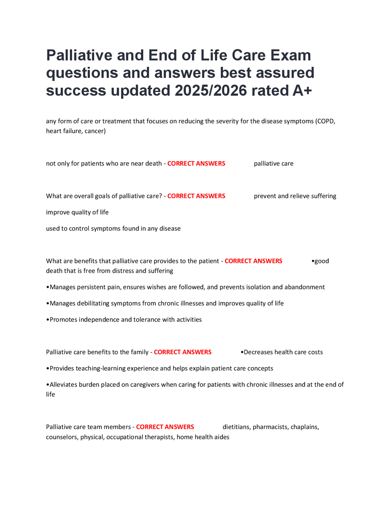 Palliative and End-of-Life Care Exam Questions and Answers | Exams ...