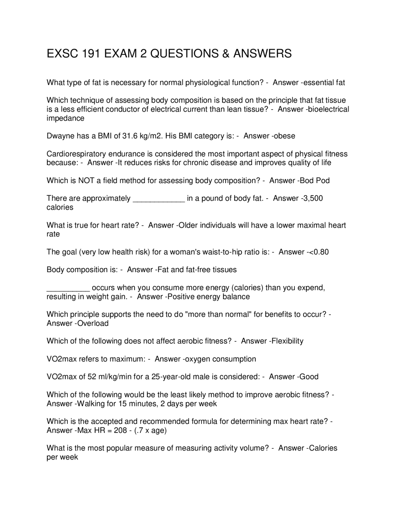 EXSC 191 Exam 2: Questions and Answers for Exercise Science | Exams ...