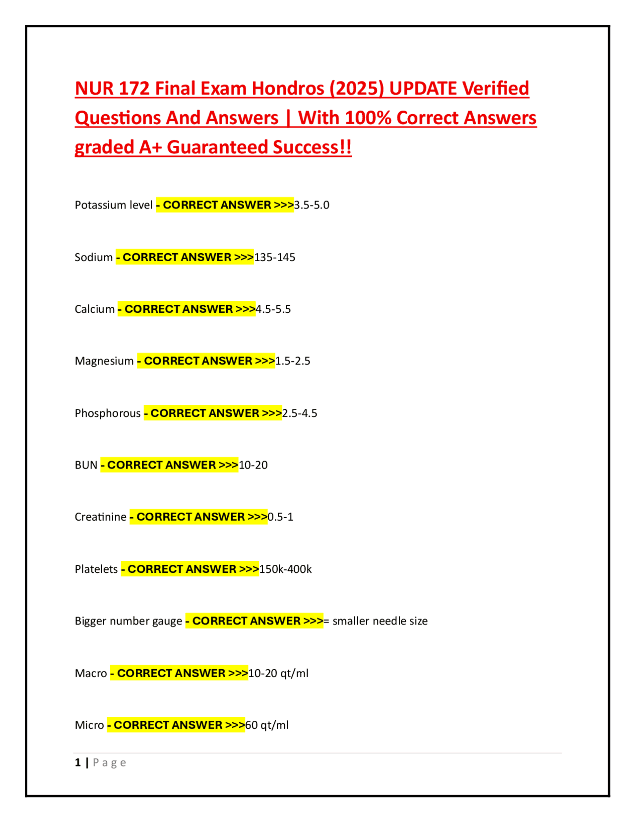NUR 172 Final Exam Hondros (2025) UPDATE Verified Questions And Answers ...