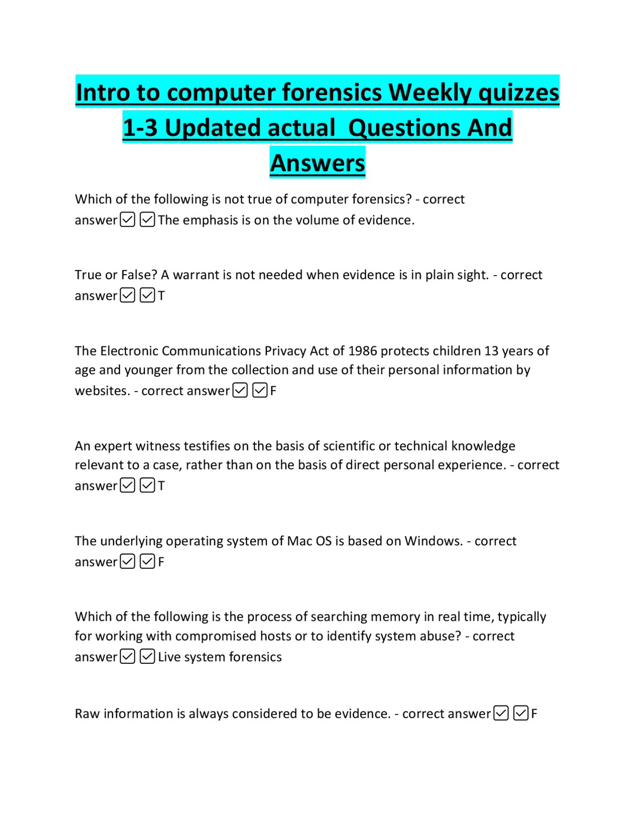 Computer Forensics: Weekly Quizzes Q&A | Exams Medicine | Docsity