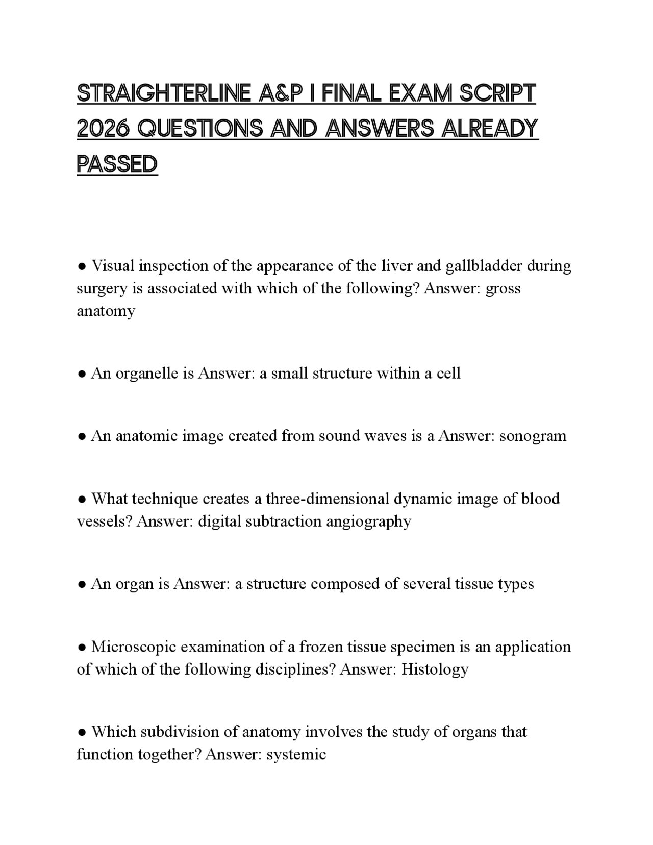 STRAIGHTERLINE A&P I FINAL EXAM SCRIPT 2026 QUESTIONS AND ANSWERS ...