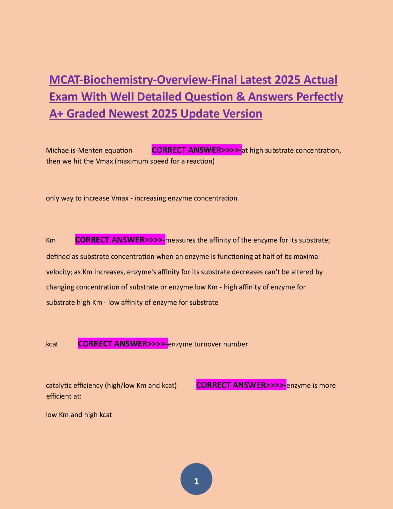 MCAT Biochemistry Exam Questions and Answers 2025 | Exams Nursing | Docsity
