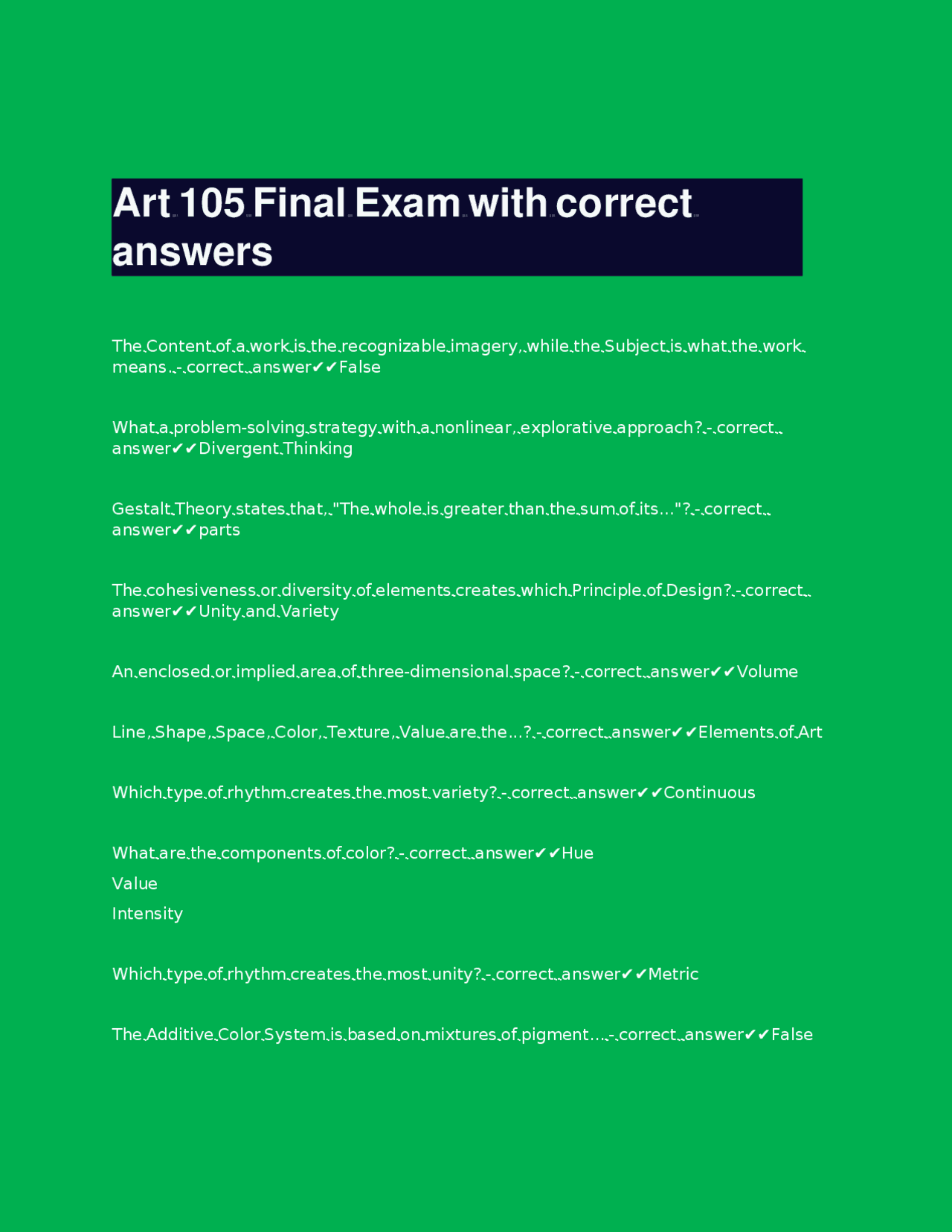 Art 105 Final Exam with Correct Answers | Exams Nursing | Docsity