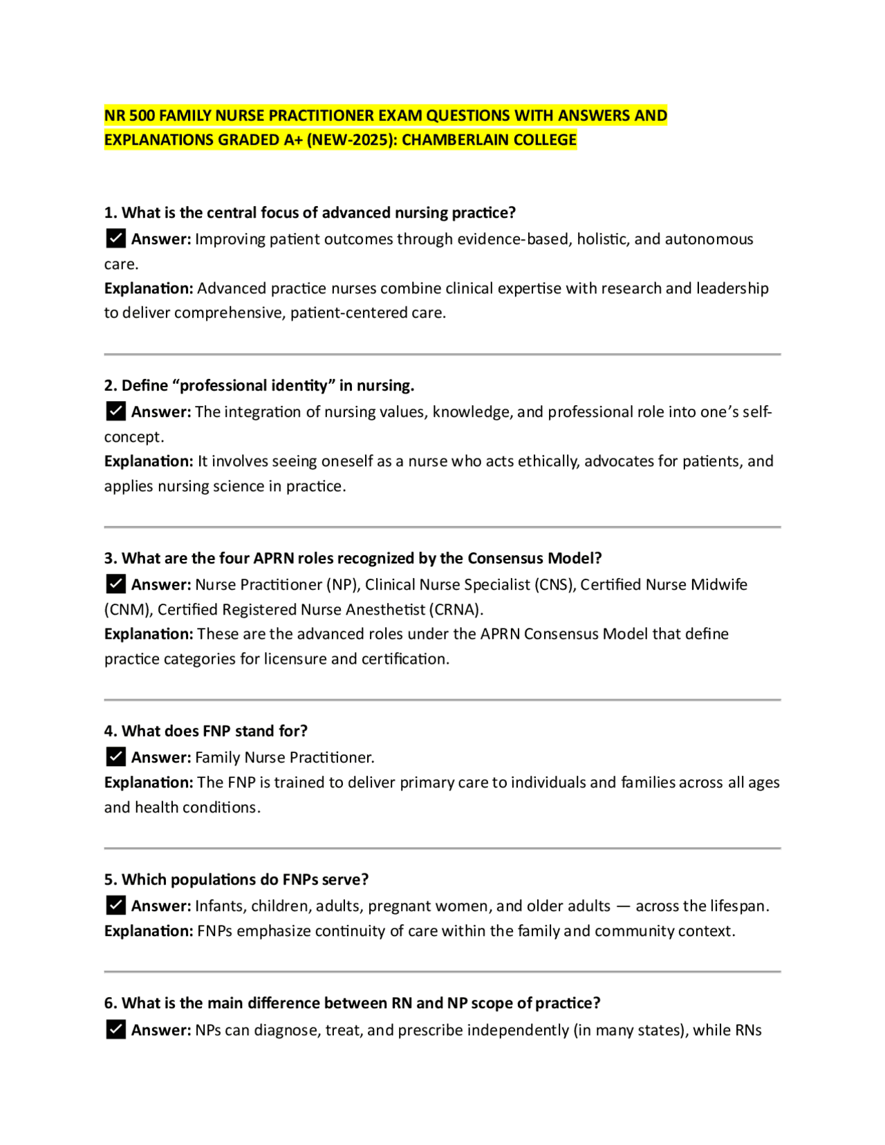 NR 500 FAMILY NURSE PRACTITIONER EXAM QUESTIONS WITH ANSWERS AND EXPLANATIONS GRADED A+ (N ...