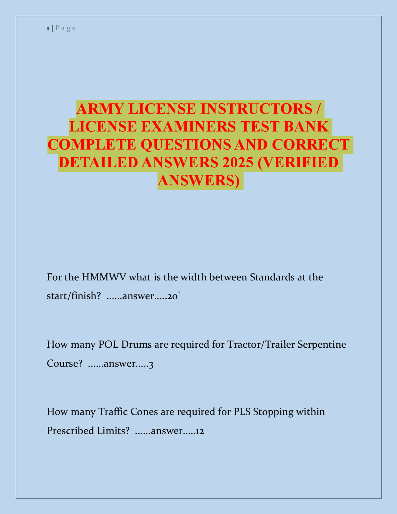 Army Driver Training: License Instructor and Examiner Test Bank | Exams ...