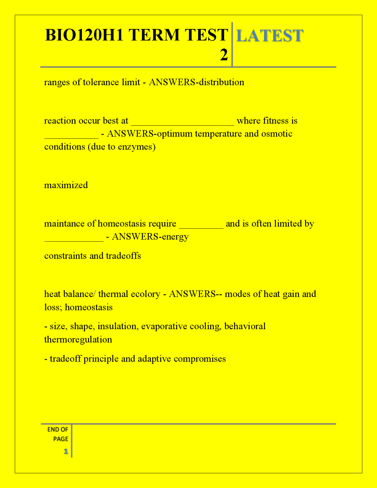 BIO120H1 Term Test 2: Evolution, Adaptation, and Biodiversity | Exams ...