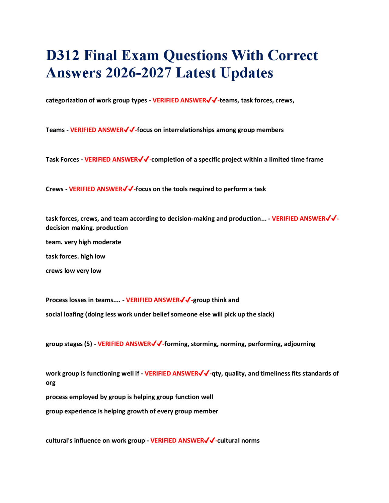 Organizational Behavior Final Exam Q&A: Latest Updates 2026-2027 ...