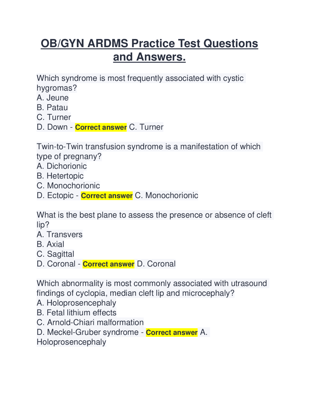 OB/GYN ARDMS Practice Test Questions and Answers. | Exams Obstetrics ...