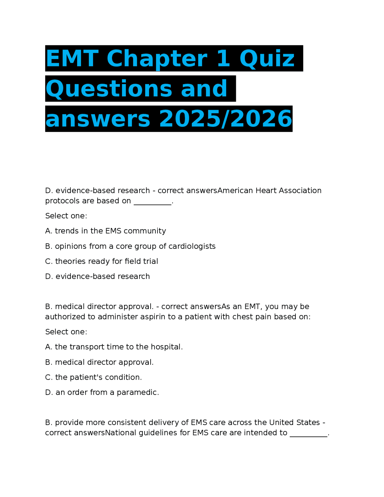 EMT Chapter 1 Quiz: Questions and Answers for 2025/2026 | Exams Nursing ...