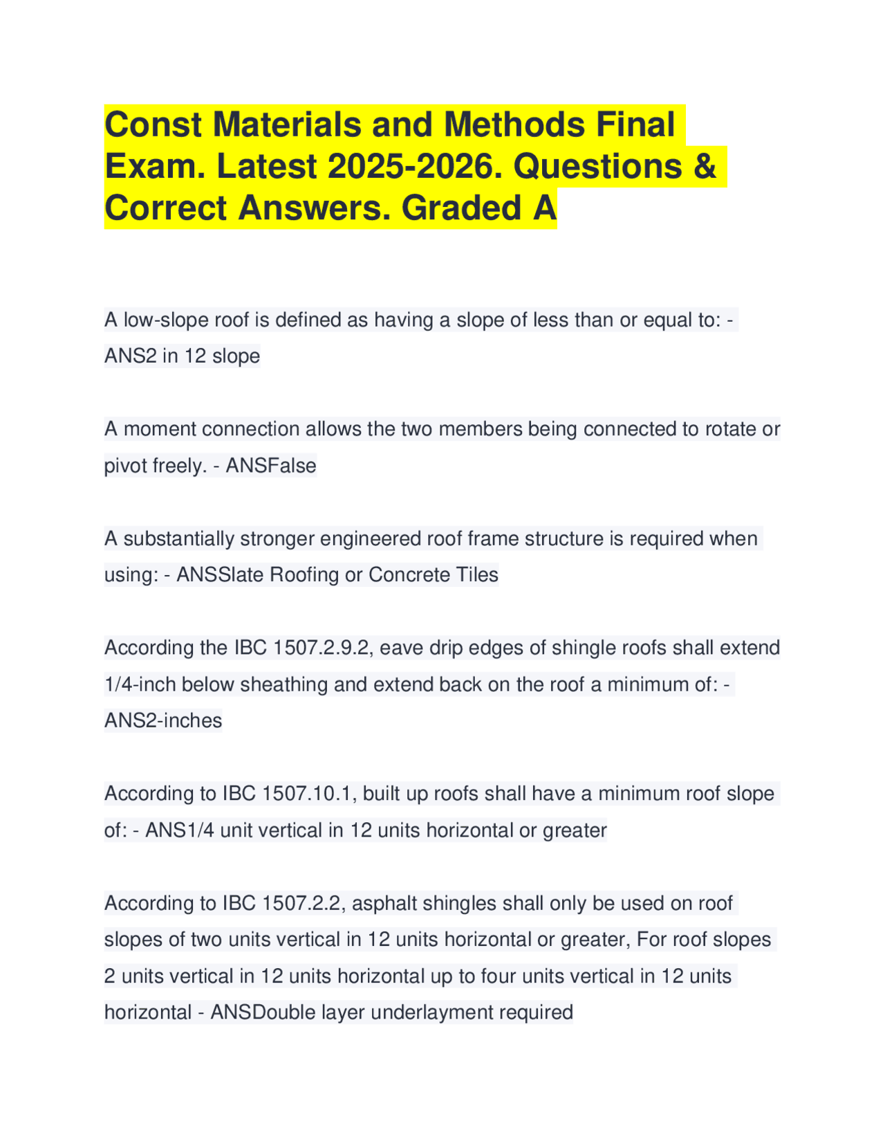 Construction Materials and Methods Final Exam Questions and Answers ...