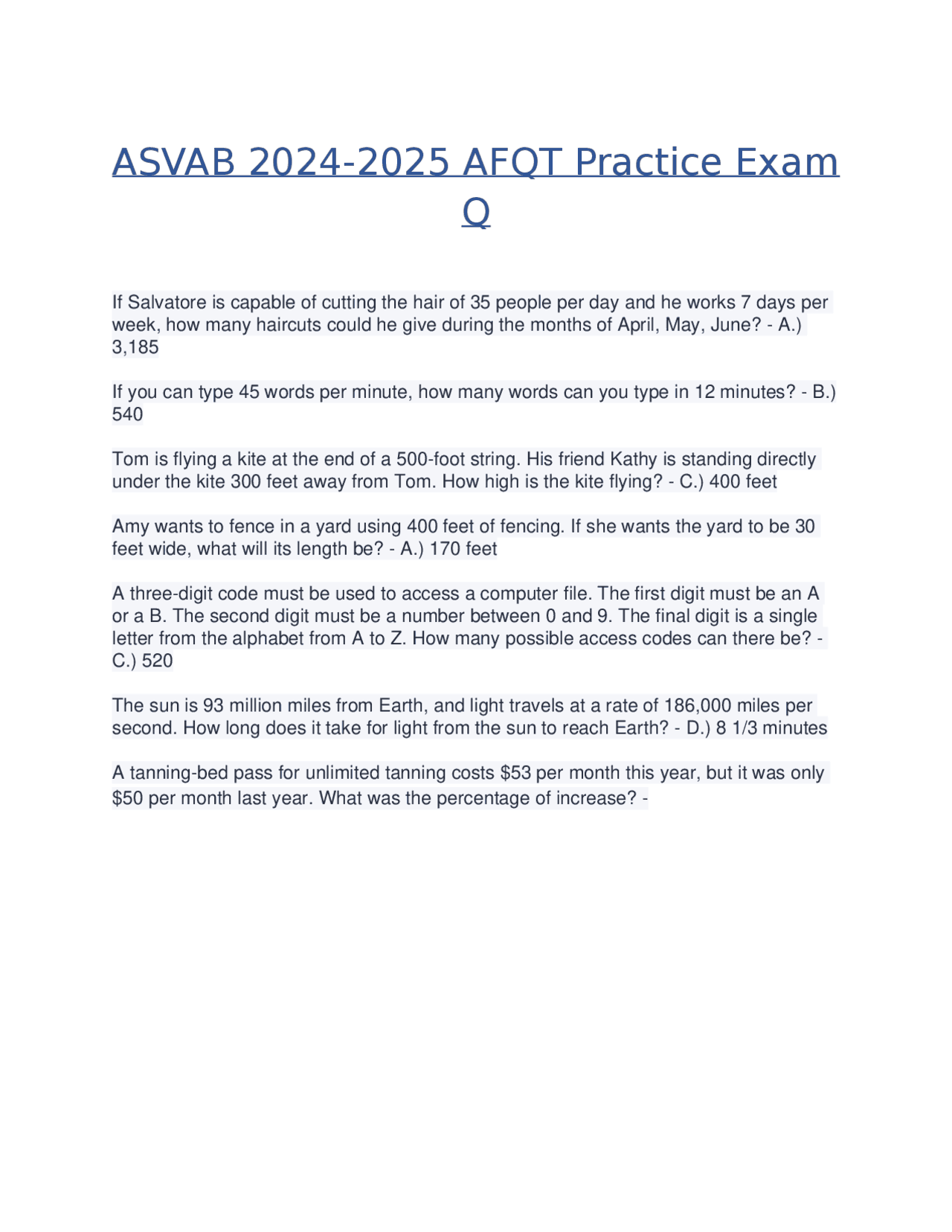 Afqt Test ASVAB 2024-2025 AFQT Practice Exam Q | Exams Advanced Education | Docsity