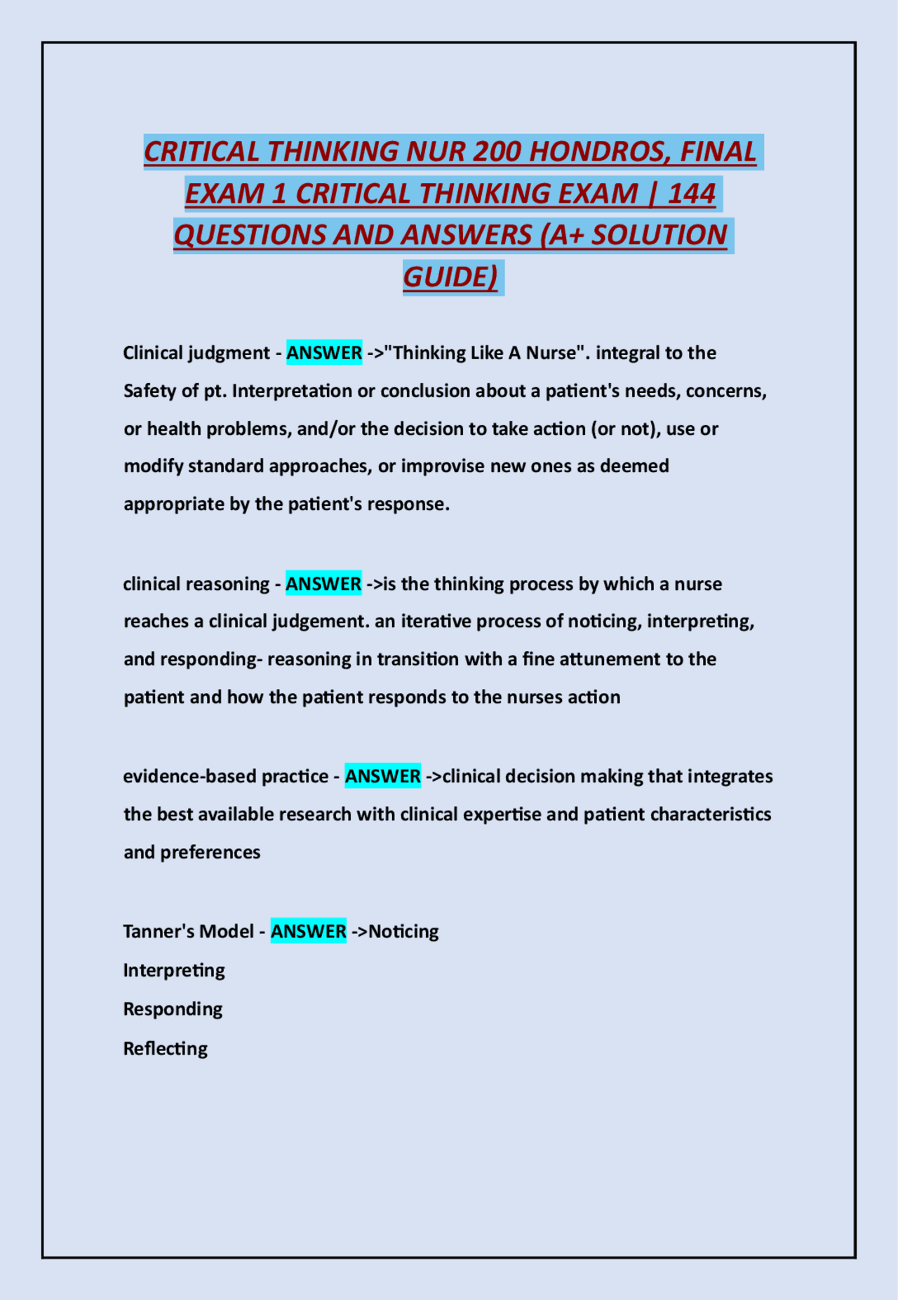 CRITICAL THINKING NUR 200 HONDROS, FINAL EXAM 1 CRITICAL THINKING EXAM ...