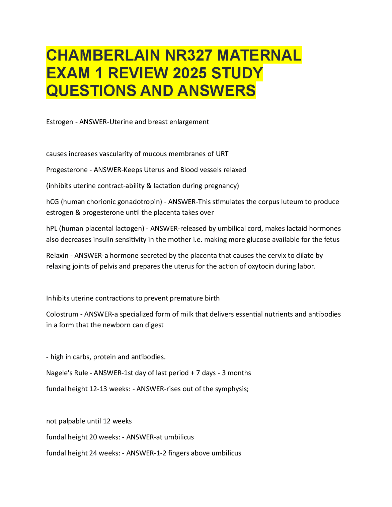 CHAMBERLAIN NR327 MATERNAL EXAM 1 REVIEW 2025 STUDY QUESTIONS AND ...