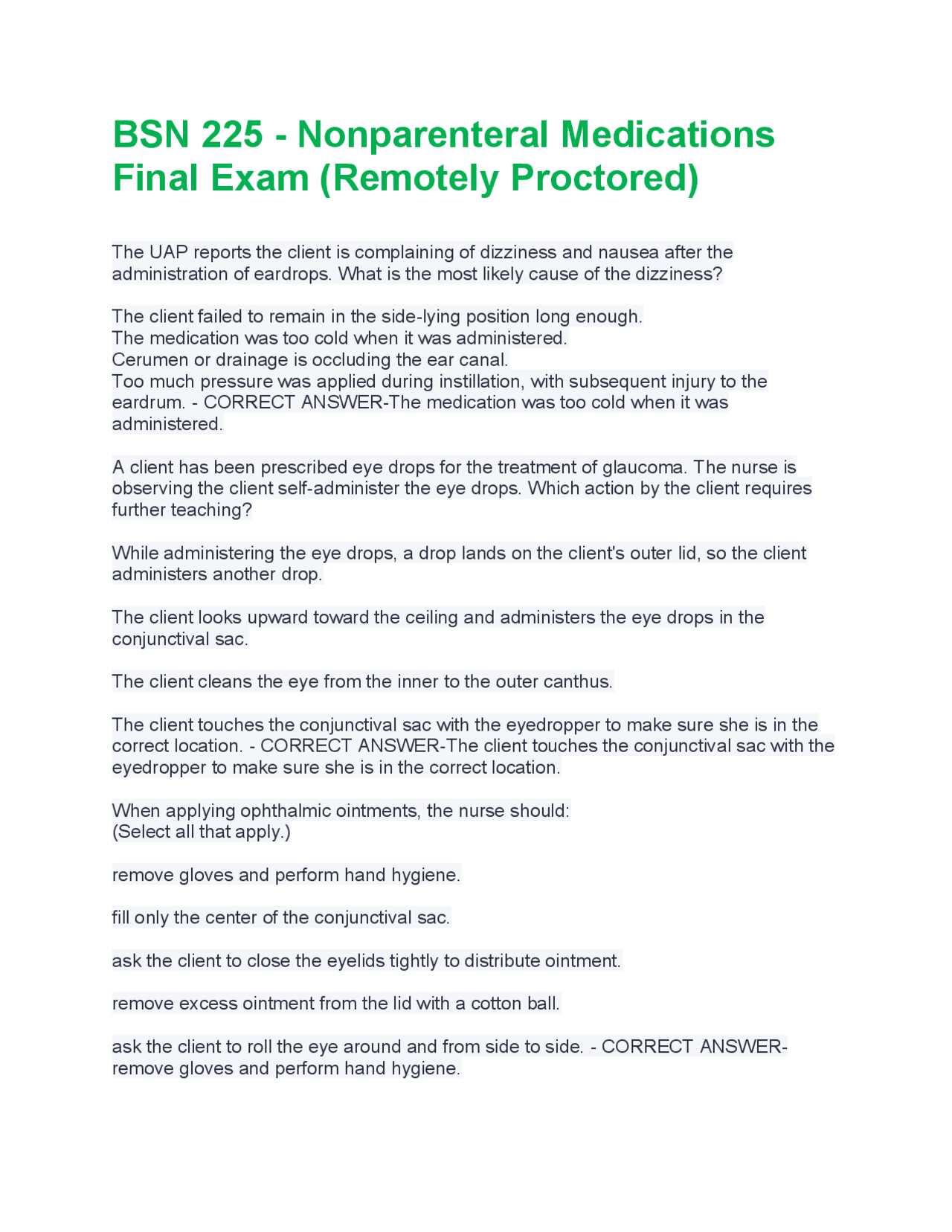 BSN 225 - Nonparenteral Medications Final Exam (Remotely Proctored ...