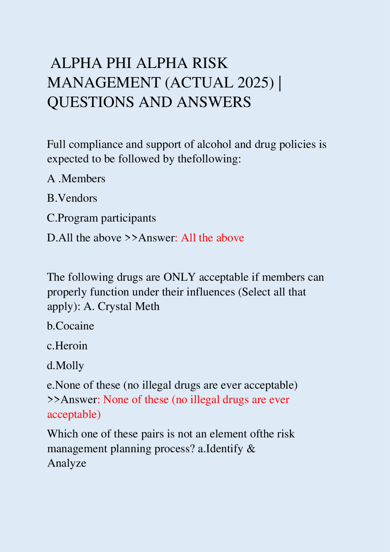 ALPHA PHI ALPHA RISK MANAGEMENT (ACTUAL 2025) | QUESTIONS AND ANSWERS ...