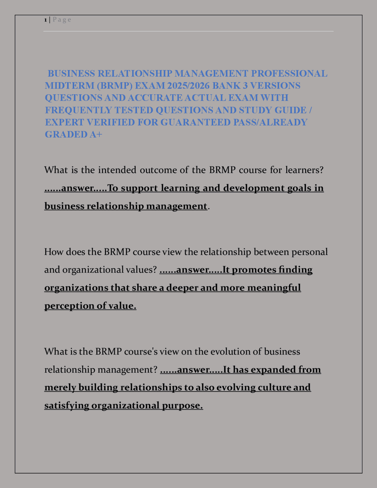 BUSINESS RELATIONSHIP MANAGEMENT PROFESSIONAL MIDTERM (BRMP) EXAM 2025/ ...