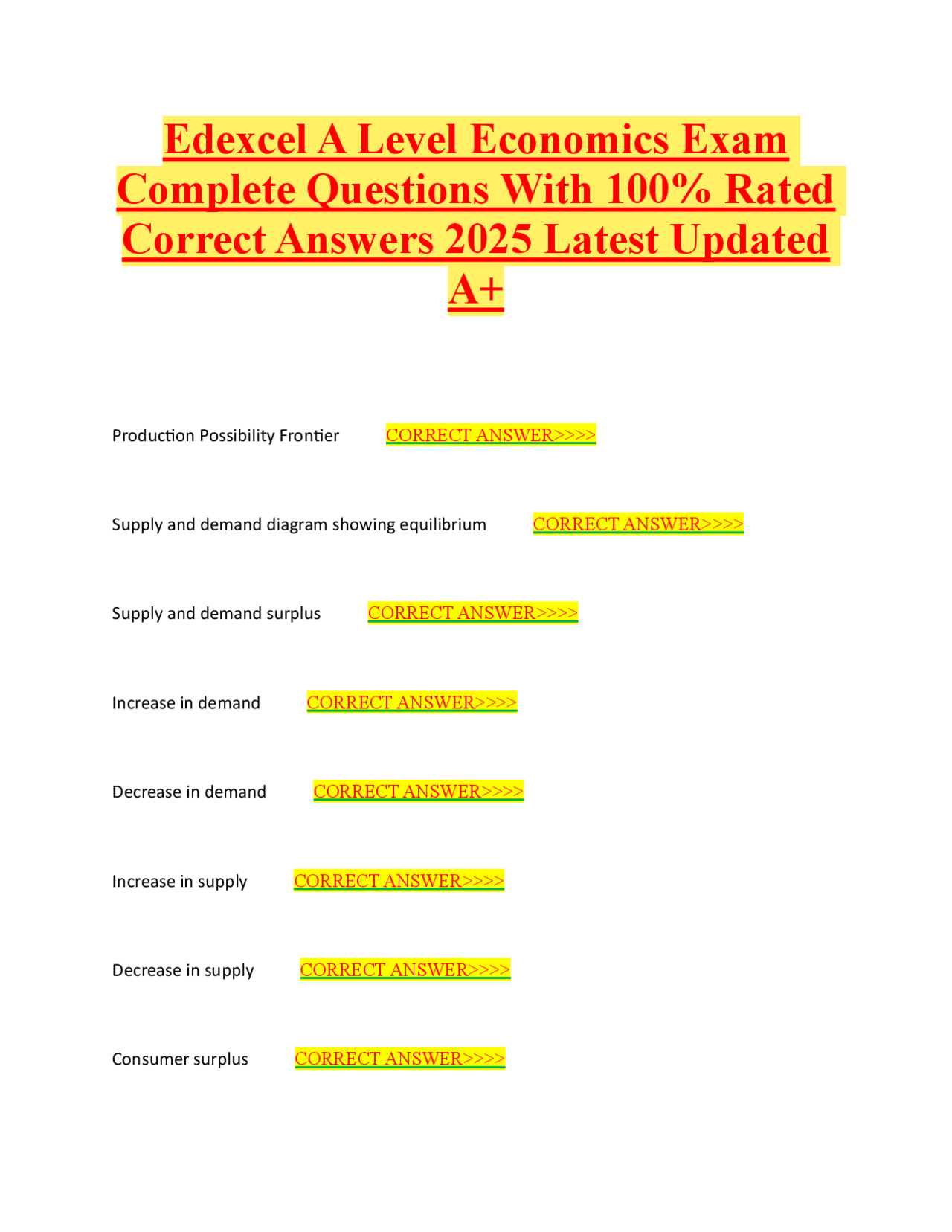 Edexcel A Level Economics Exam Complete Questions With 100% Rated ...