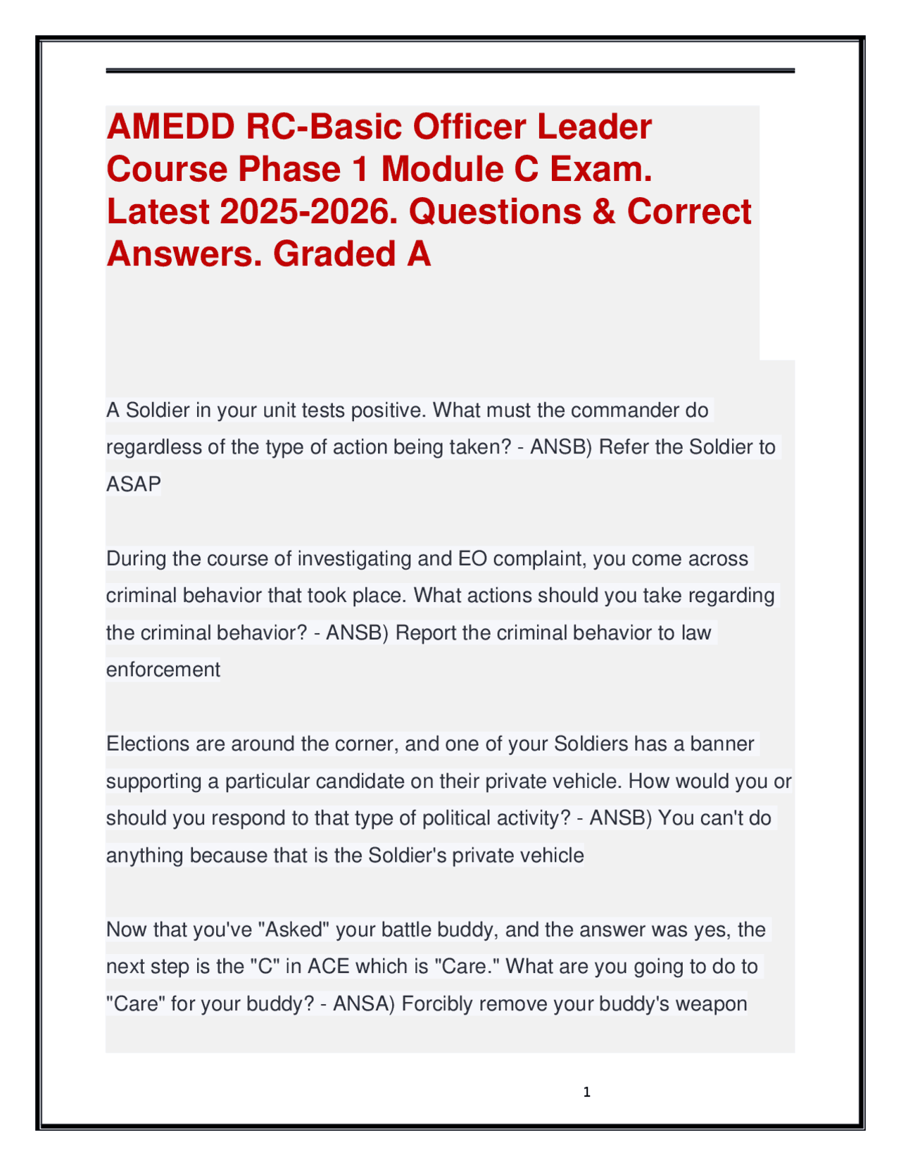 AMEDD RC-Basic Officer Leader Course Phase 1 Module C Exam. Latest 2025 ...