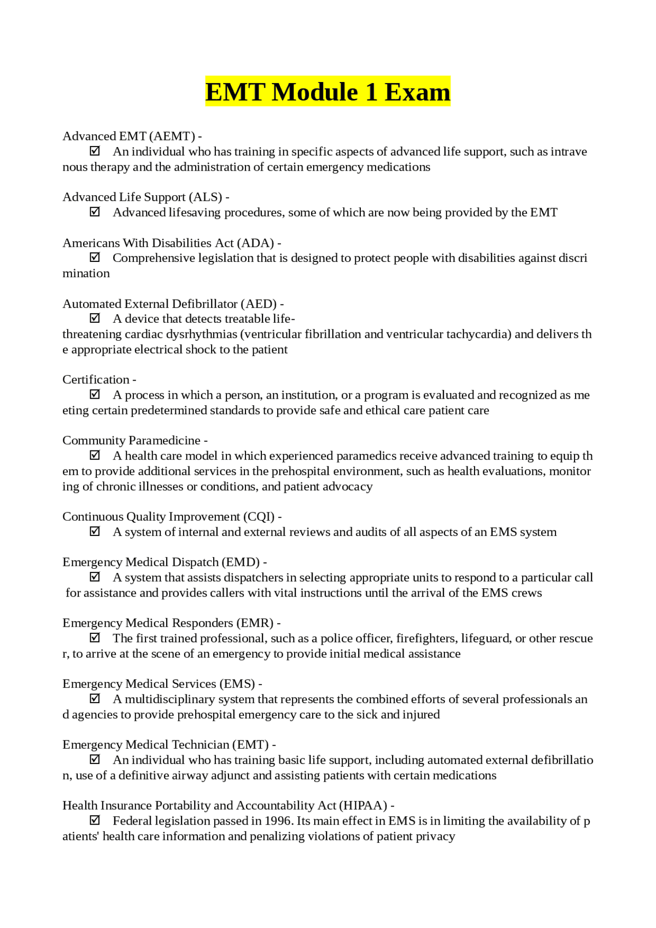 EMT Module 1 Exam: Key Term Definitions and Concepts | Exams Nursing ...