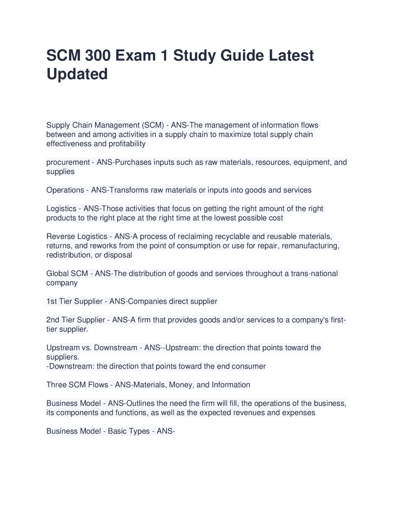 SCM 300 Exam 1 Study Guide: Supply Chain Management Key Concepts ...