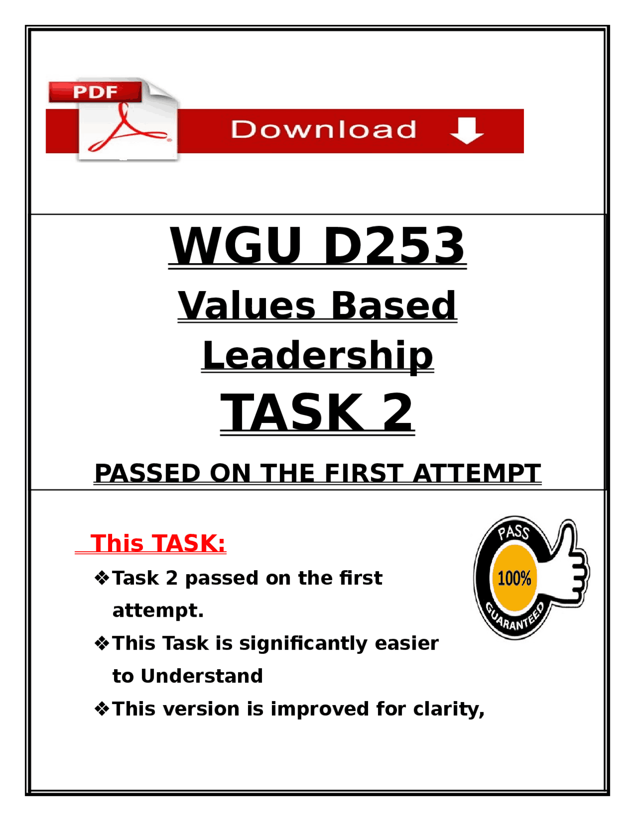 WGU D253 Task 2 – Values Based Leadership (Passed on First Attempt ...
