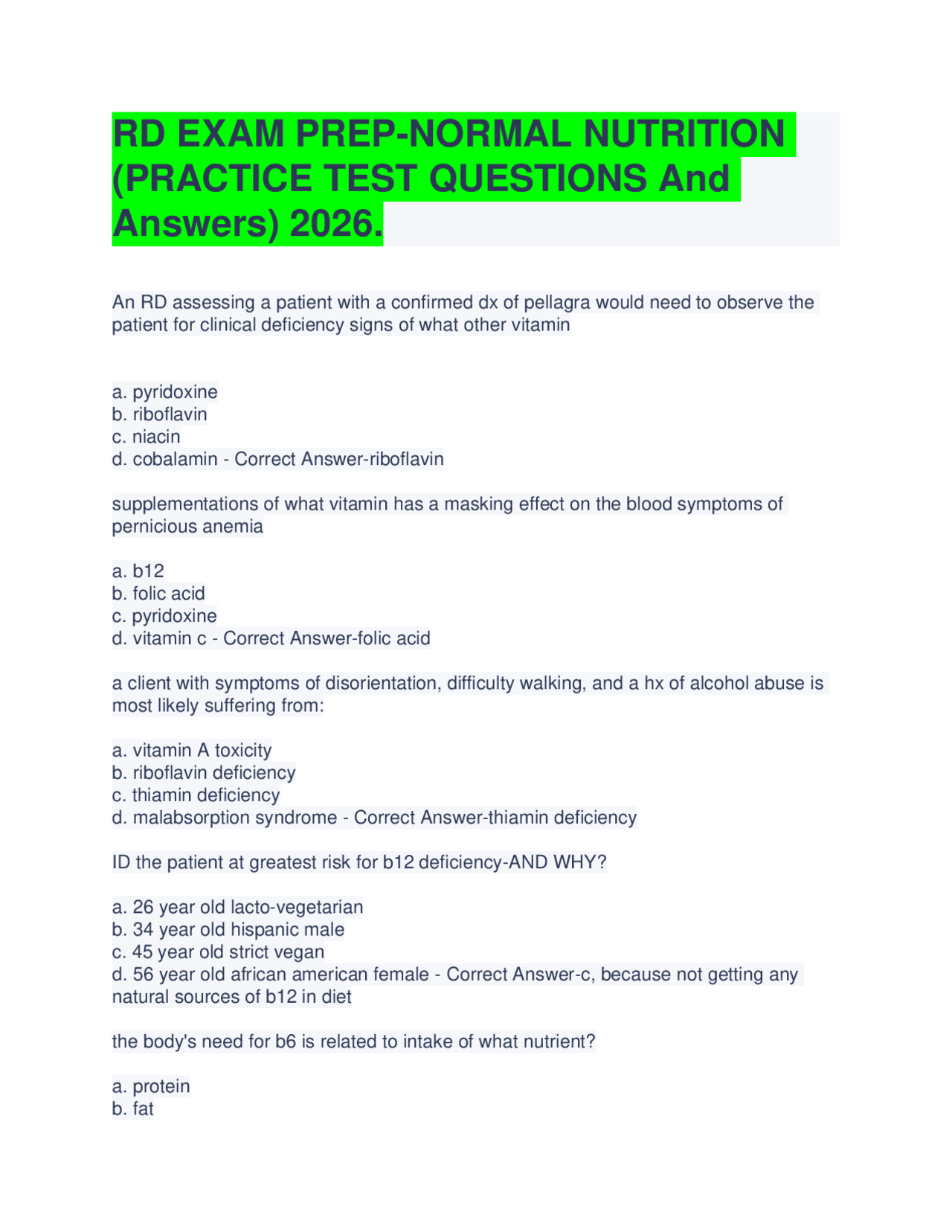 RD EXAM PREP-NORMAL NUTRITION (PRACTICE TEST QUESTIONS And Answers ...