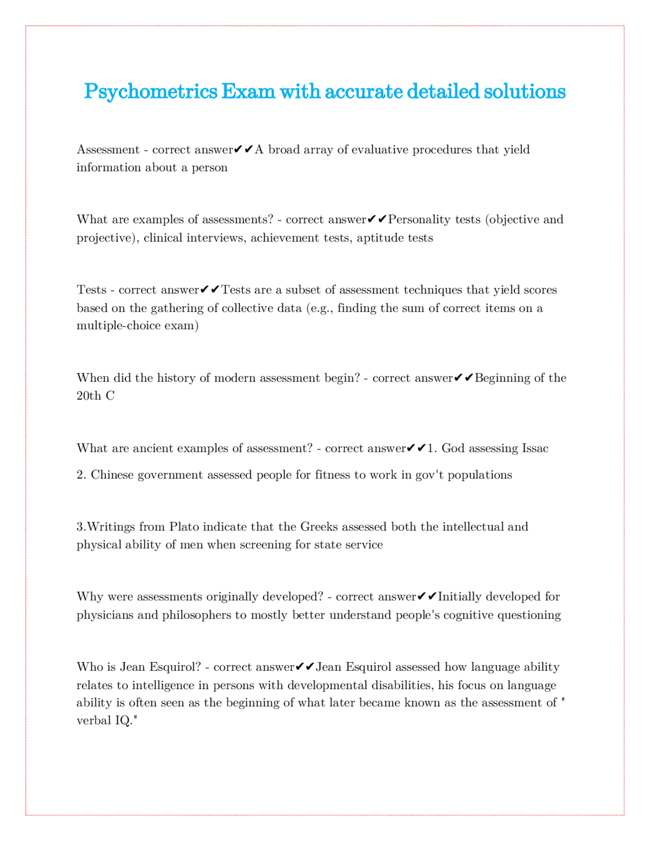 Psychometrics Exam Questions and Answers | Exams Nursing | Docsity
