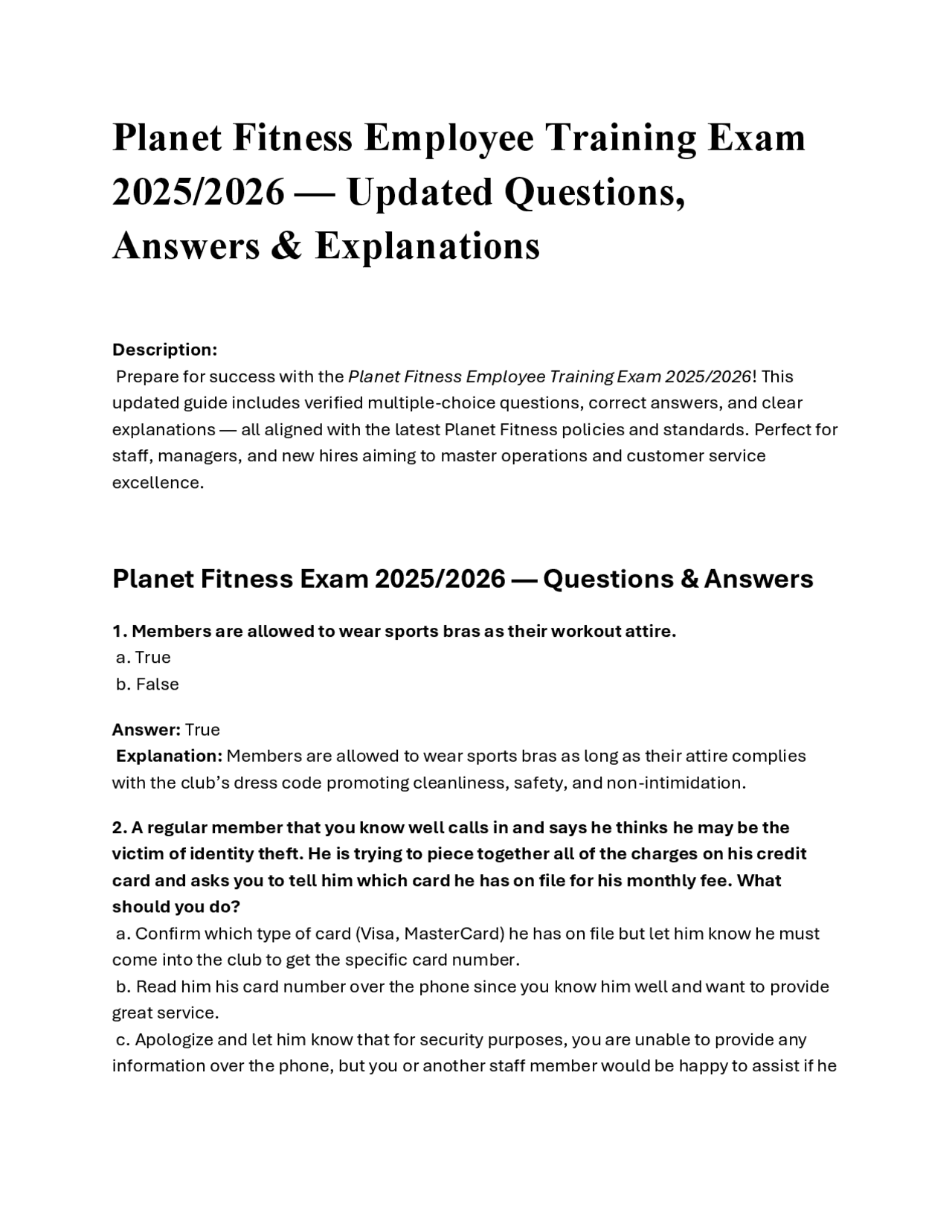 Planet Fitness Employee Training Exam 2025/2026  Updated Questions,  Answers & Explanation | Exams Public Health | Docsity