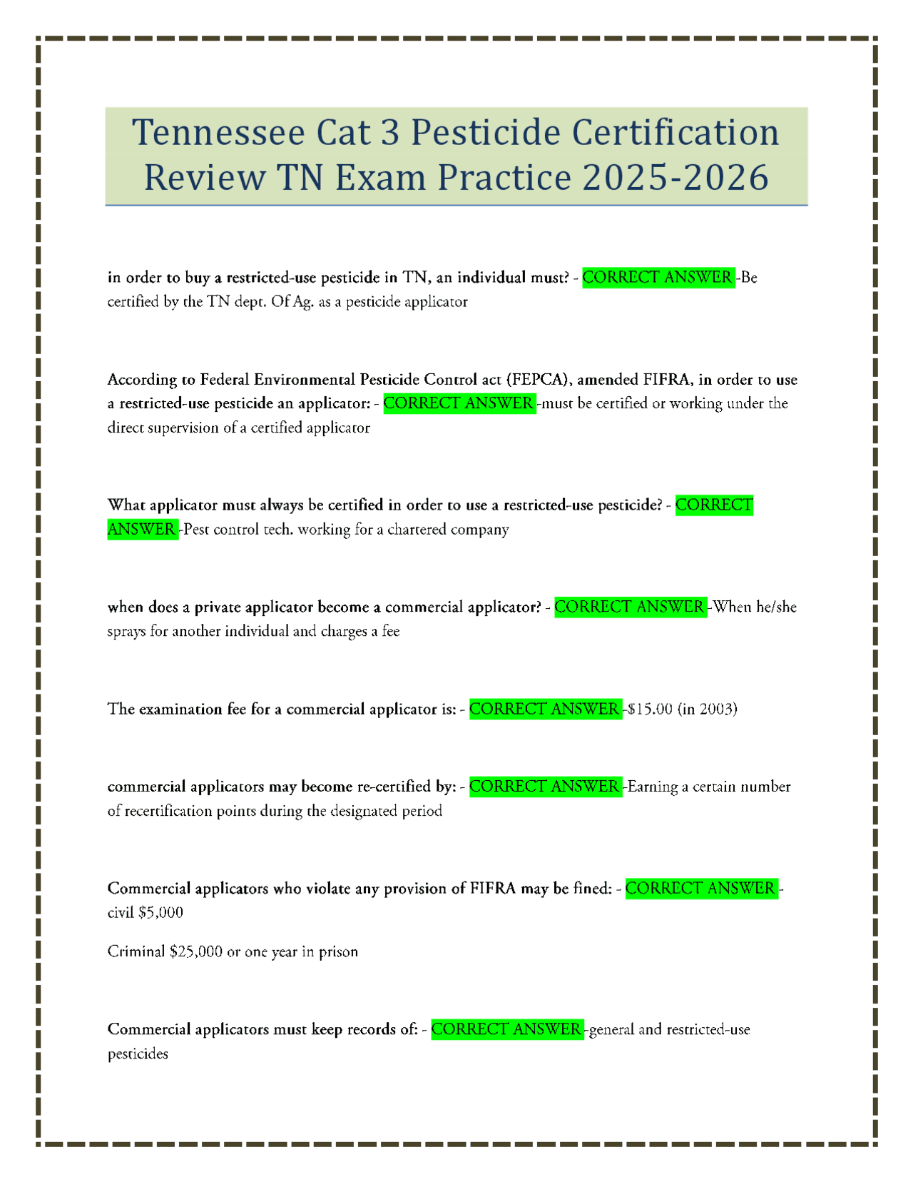 Tennessee Cat 3 Pesticide Certification Review TN Exam Practice 2025 ...