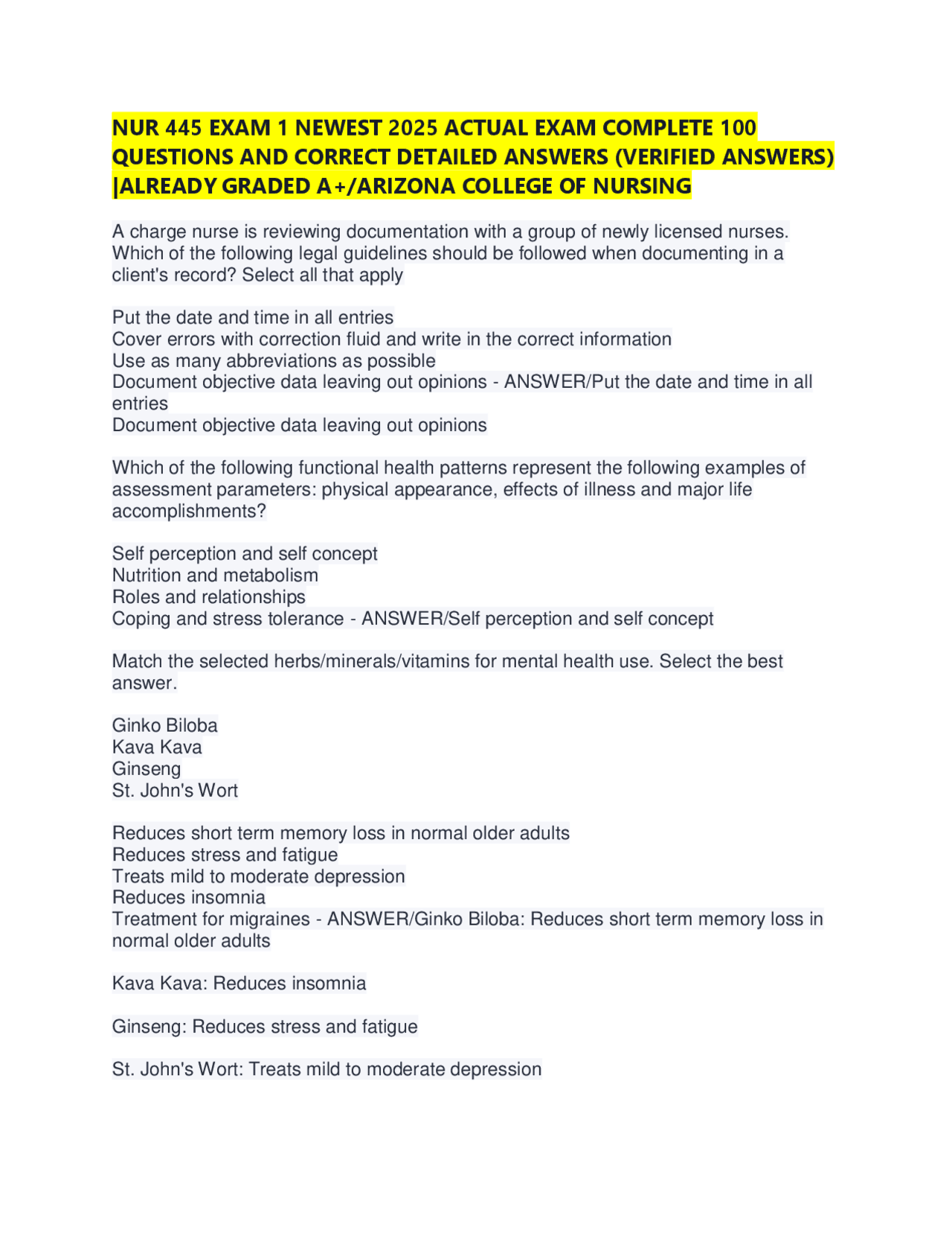 NUR 445 Nursing Exam 1: 100 Questions and Answers | Exams Nursing | Docsity