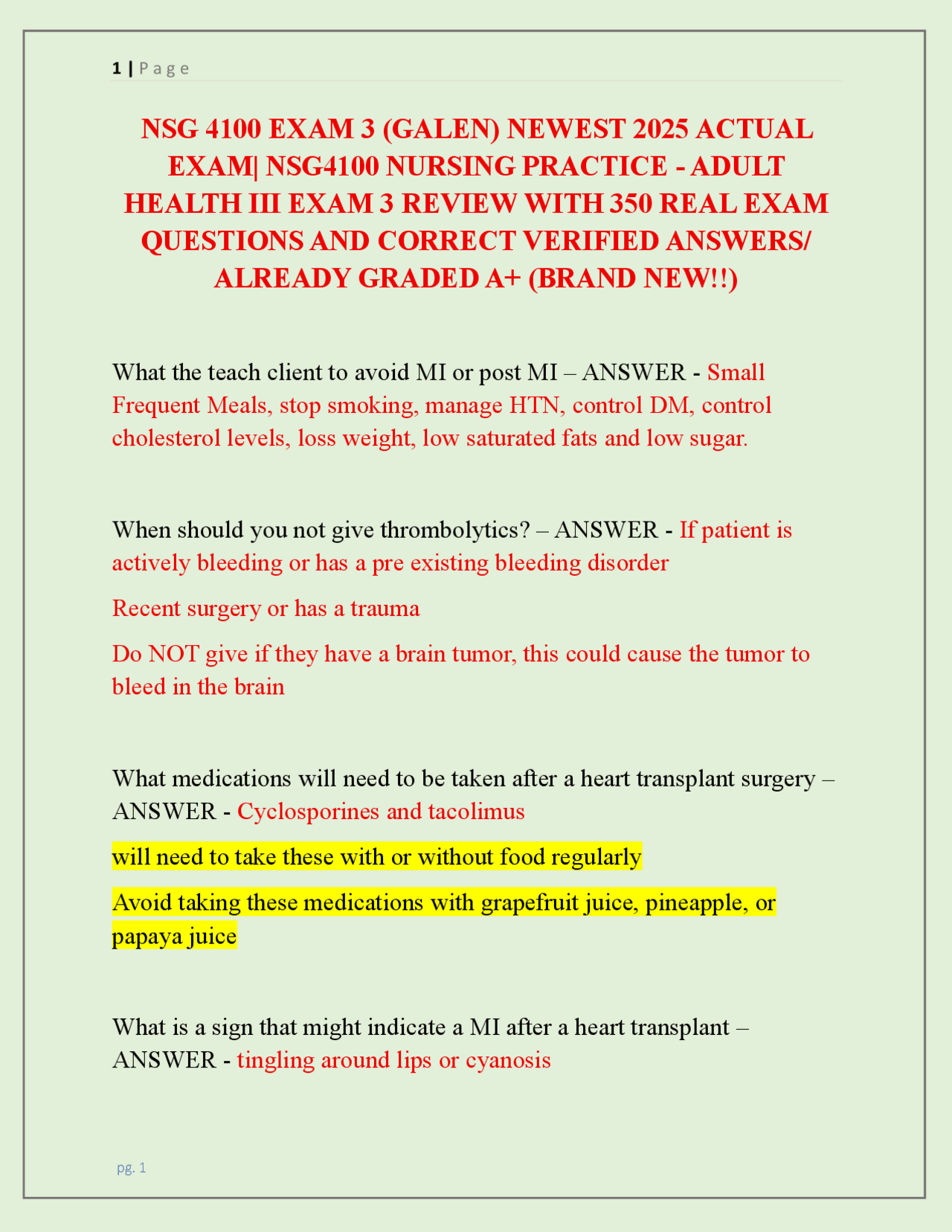 NSG 4100 Exam 3 Review: Adult Health Nursing Practice Questions and ...