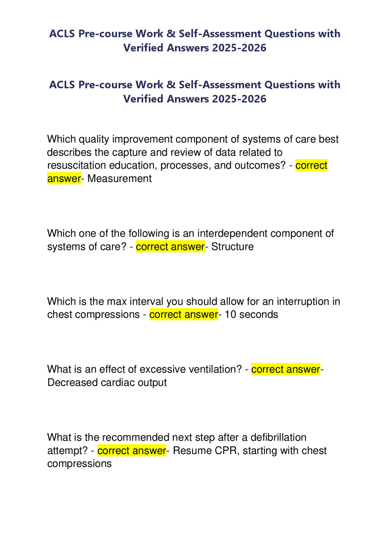 ACLS Pre-Course Self-Assessment Questions and Verified Answers 2025 ...
