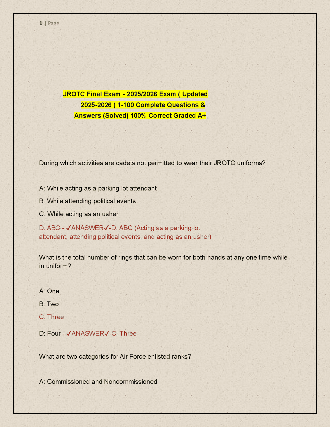 JROTC Final Exam 2025/2026: Complete Questions and Answers | Exams ...