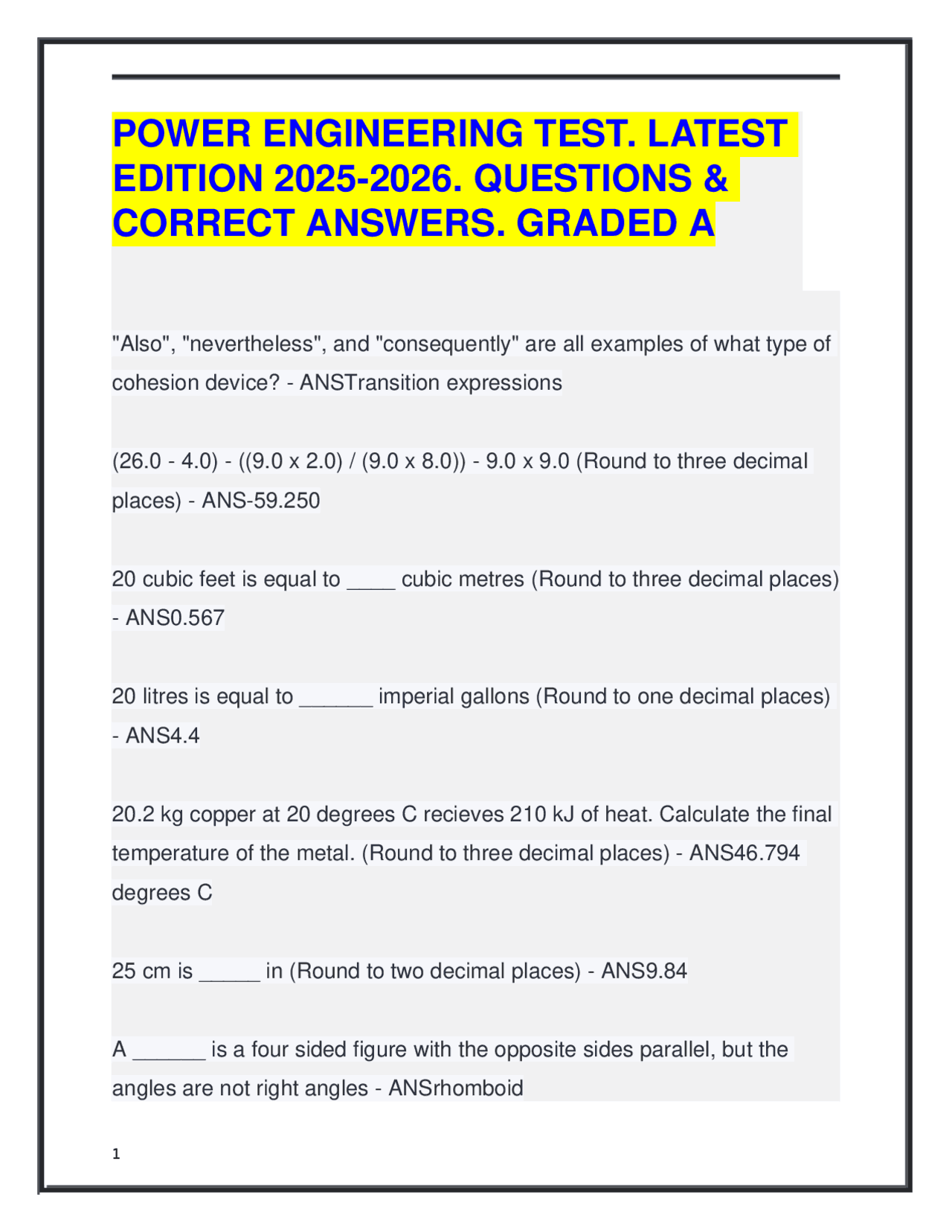 POWER ENGINEERING TEST. LATEST EDITION 2025-2026. QUESTIONS & CORRECT ...