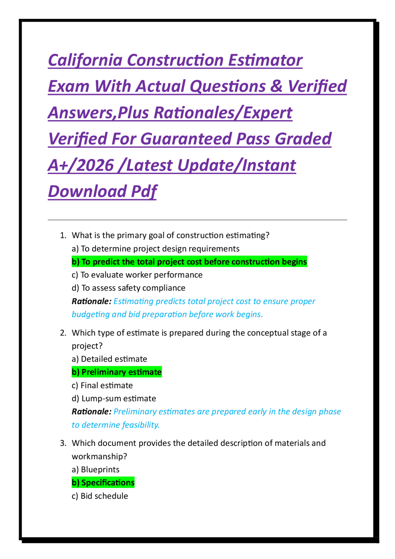 California Construction Estimator Exam Questions with Verified Answers ...