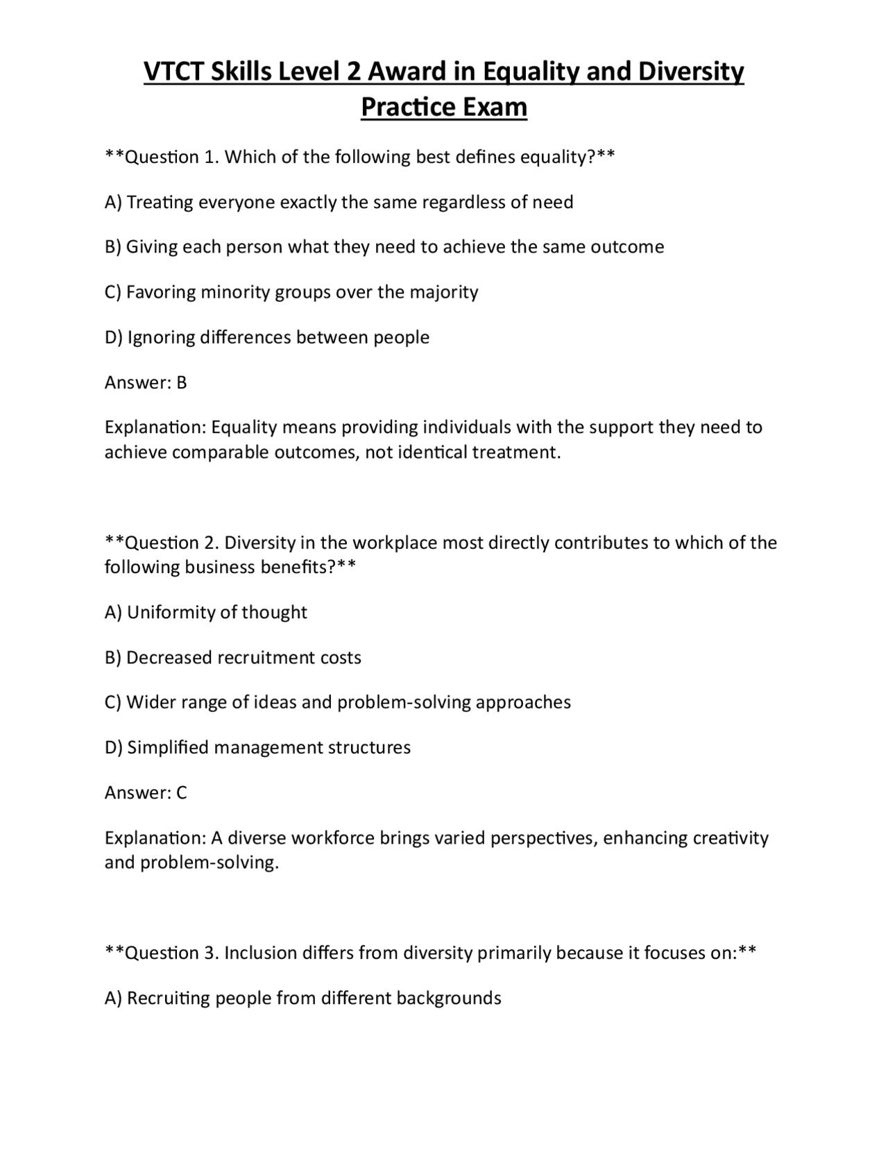 VTCT Skills Level 2 Award in Equality and Diversity Practice Exam ...