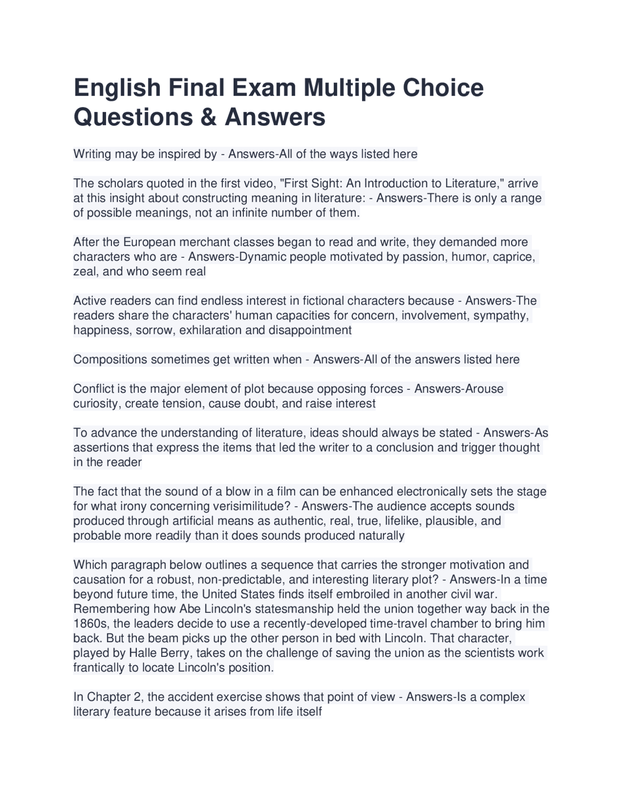English Literature Final Exam: Multiple Choice Questions and Answers ...