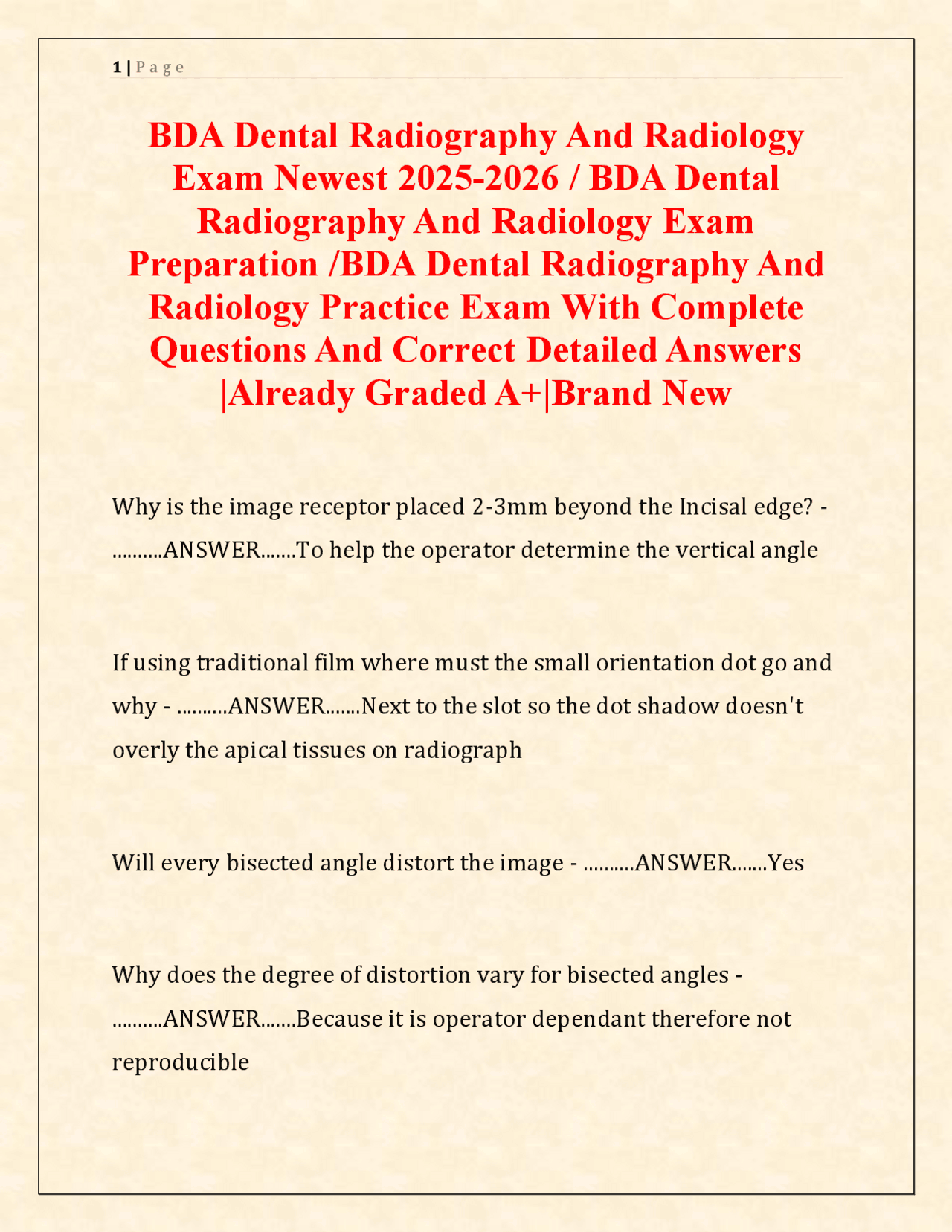 BDA Dental Radiography and Radiology Final Exam 2025-2026 | Actual ...