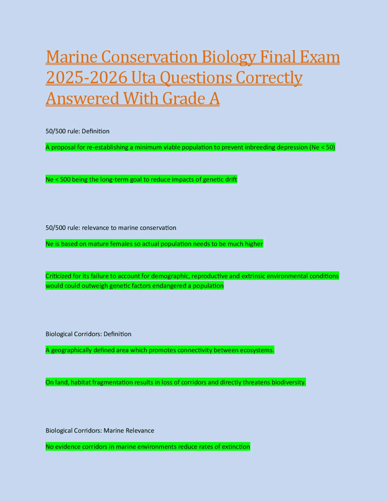 Marine Conservation Biology Final Exam Study Guide: Key Concepts and ...