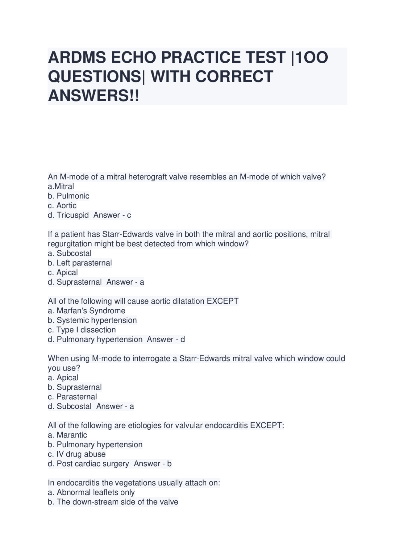 ARDMS ECHO PRACTICE TEST 1OO QUESTIONS WITH CORRECT ANSWERS!! | Exams ...