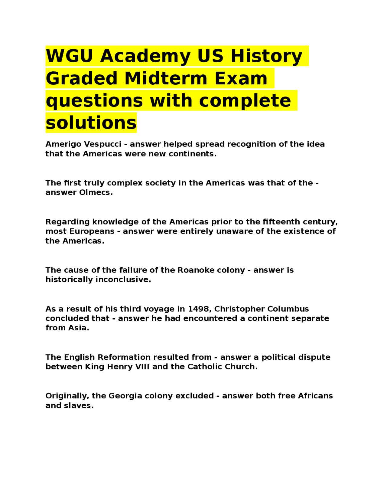 WGU Academy US History Graded Midterm Exam questions with complete ...