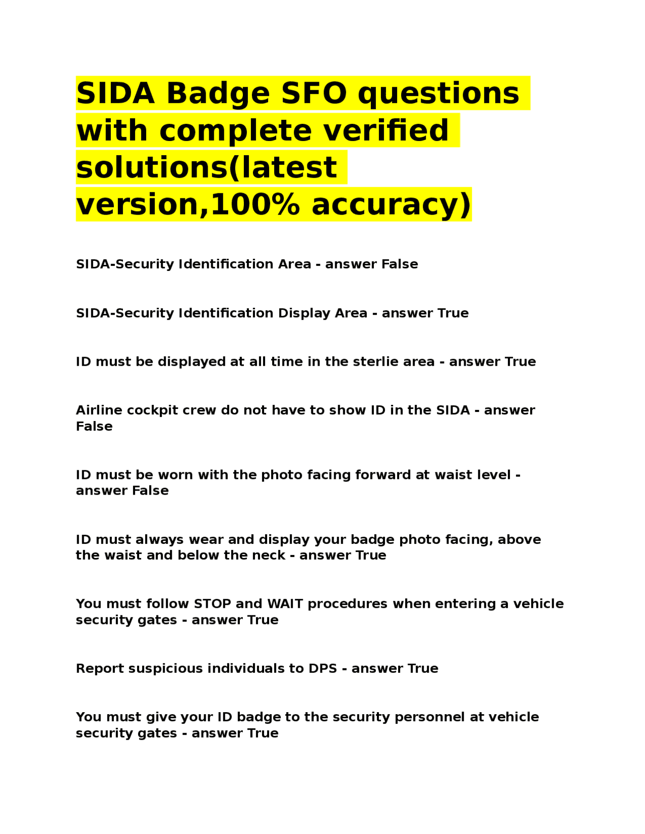 SIDA Badge SFO questions with complete verified solutions(latest ...