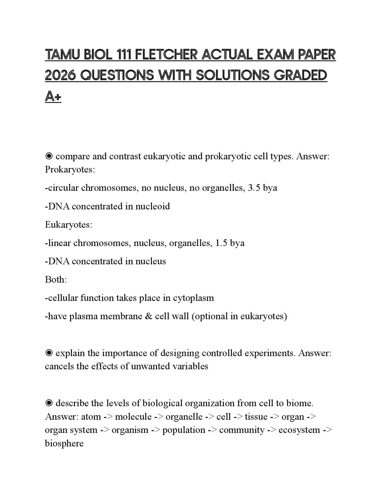 TAMU BIOL 111 FLETCHER ACTUAL EXAM PAPER 2026 QUESTIONS WITH SOLUTIONS ...