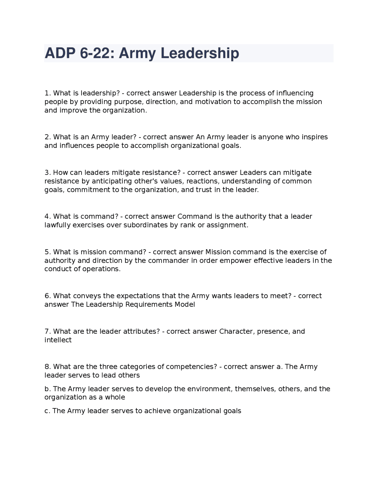 Army Leadership Principles: Q&A Guide | Exams Advanced Education | Docsity