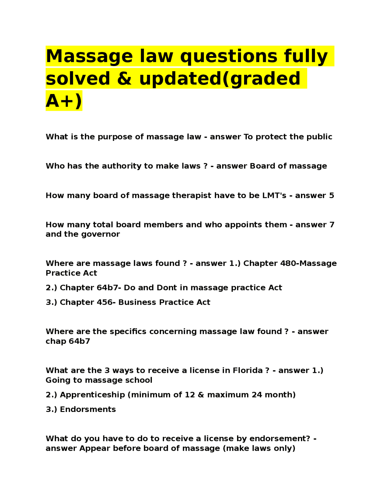 Massage law questions fully solved & updated(graded A+).docx | Exams ...