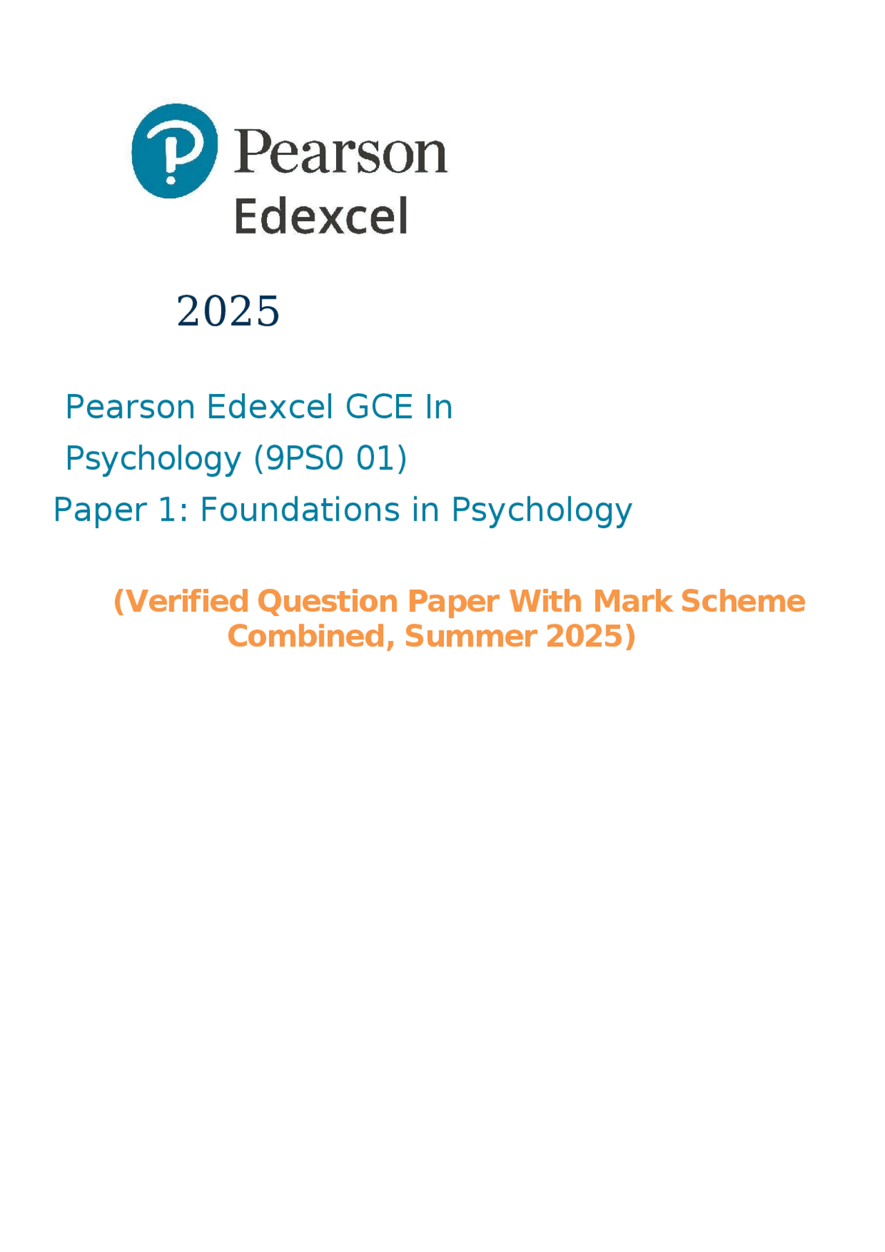 2025 Pearson Edexcel GCE In Psychology (9PS0 01) Paper 1: Foundations ...