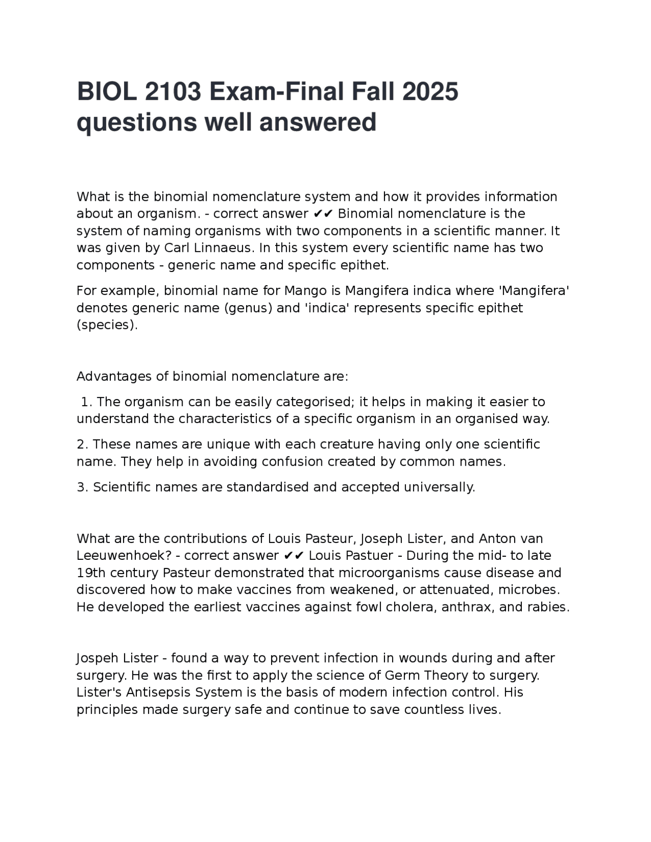 BIOL 2103 Final Exam Questions and Answers - Fall 2025 | Exams Advanced ...