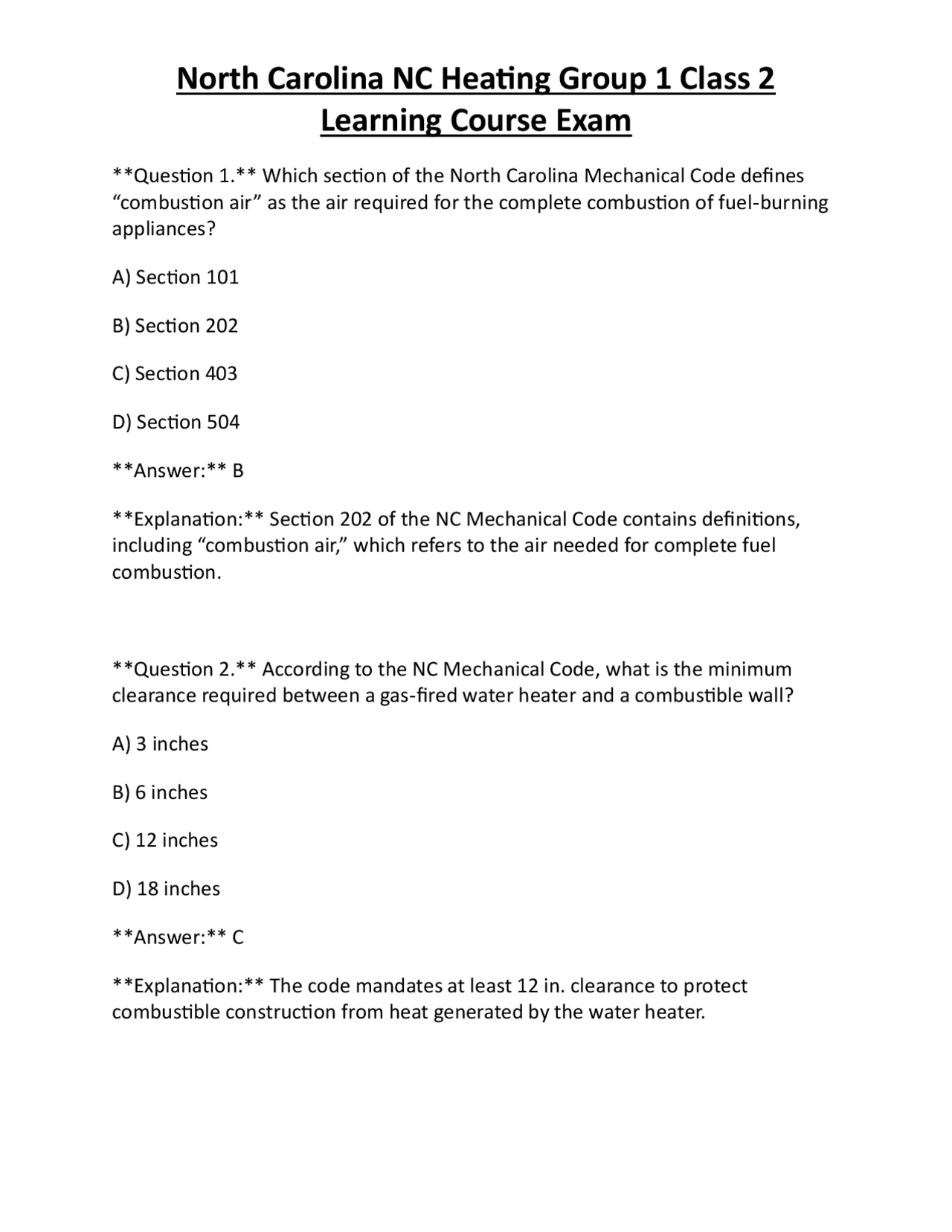 Heat Code Sample North Carolina Heating Code Exam Questions and Answers | Exams ...