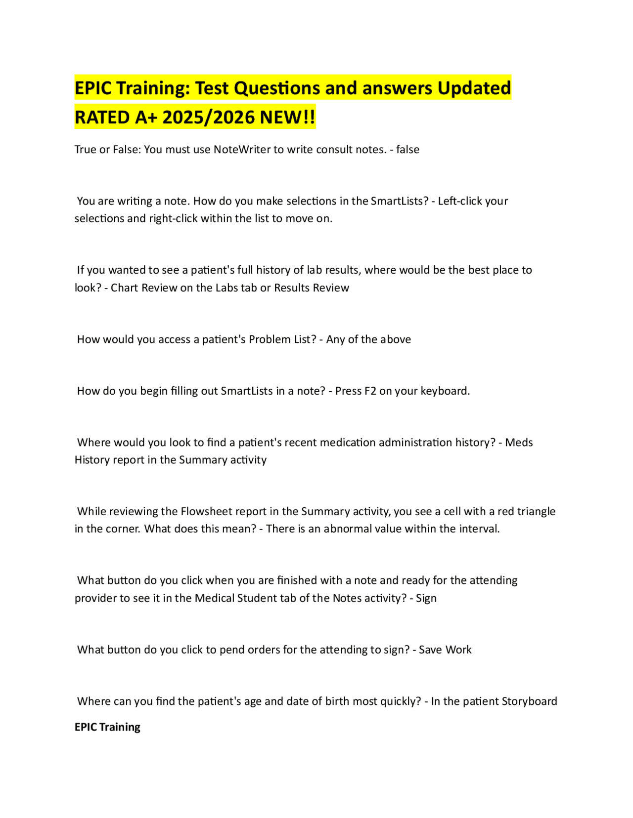 Epic 26 Questionnaire.pdf EPIC Training Test Questions and Answers 2025/2026 | Exams Nursing ...