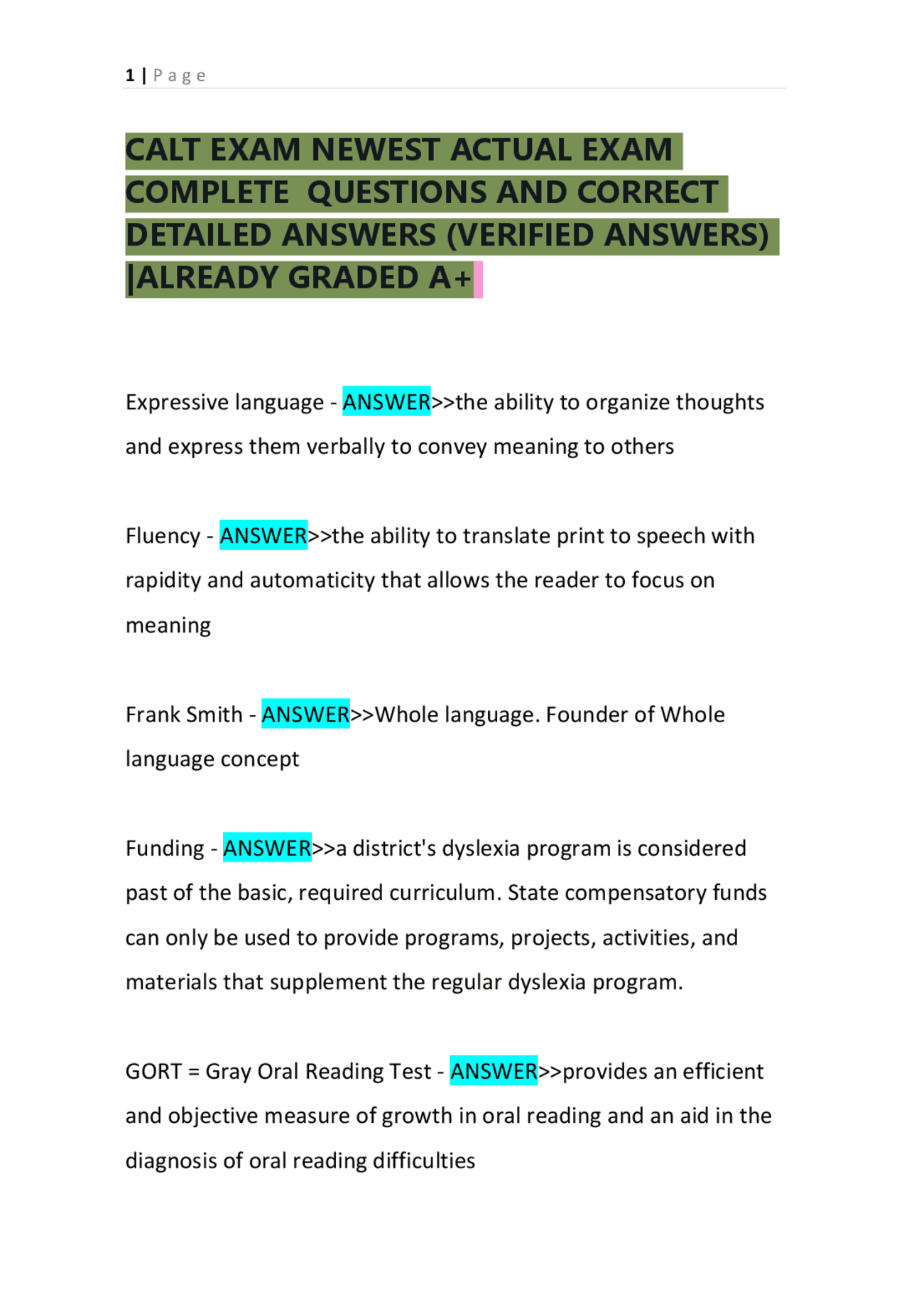 CALT EXAM NEWEST ACTUAL EXAM 2025-2026 COMPLETE QUESTIONS AND CORRECT ...